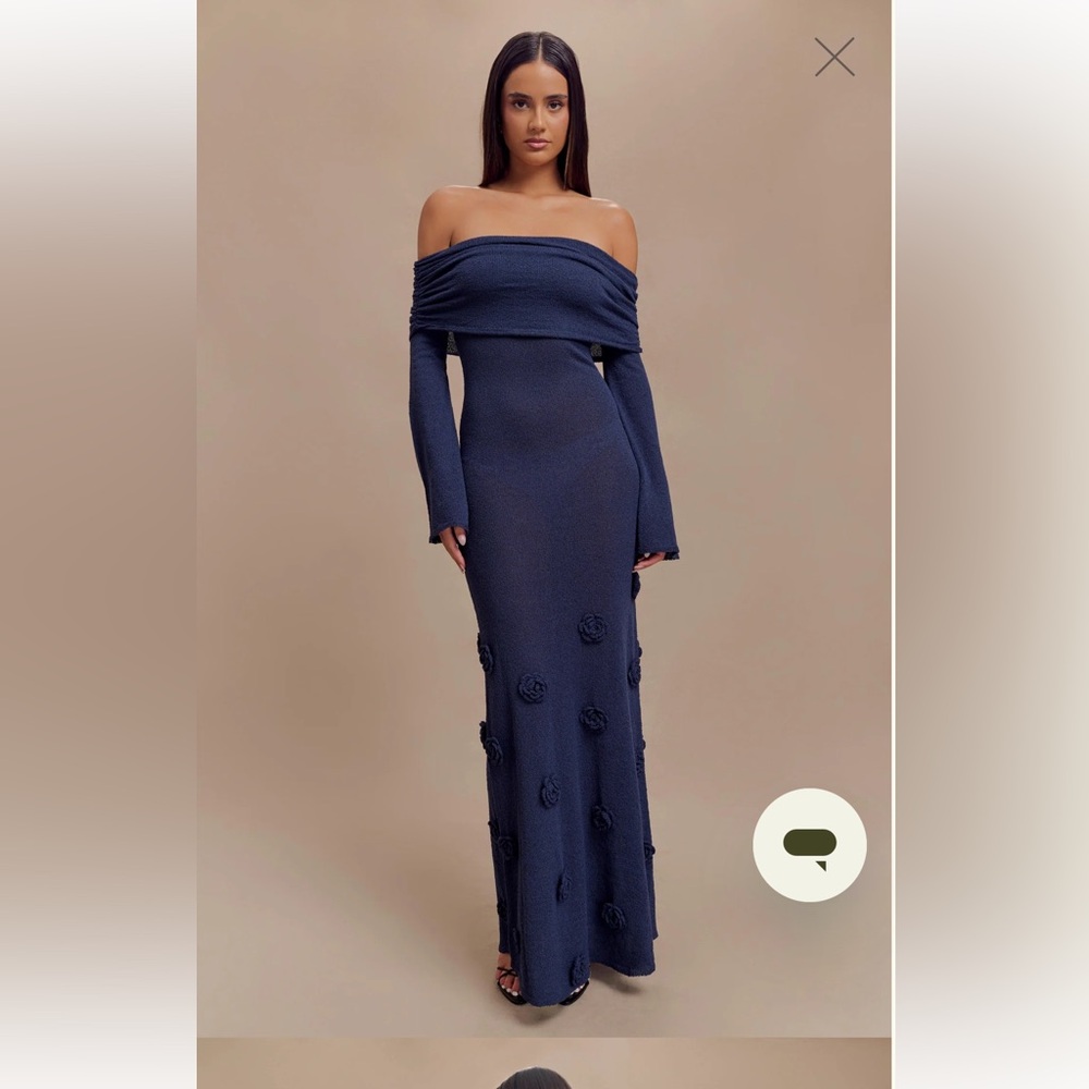 Meshki KIKI off shoulder Navy Dress with Floral Details -